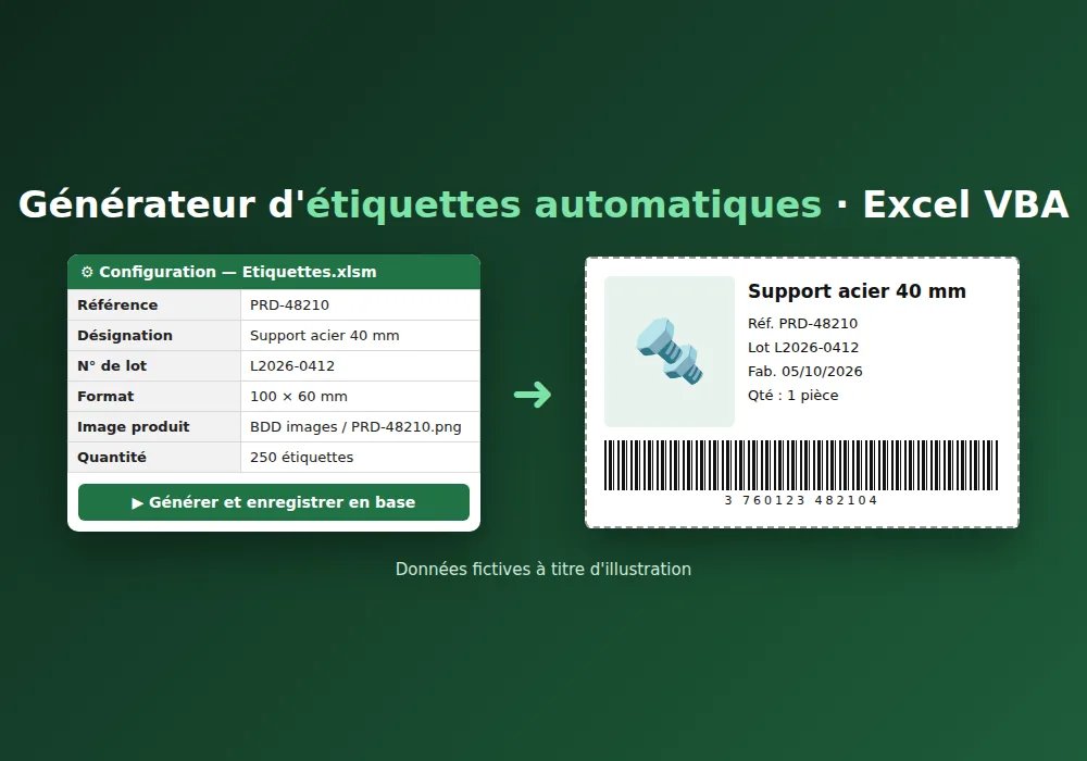 Outil Excel VBA de génération d'étiquettes produits (données fictives)