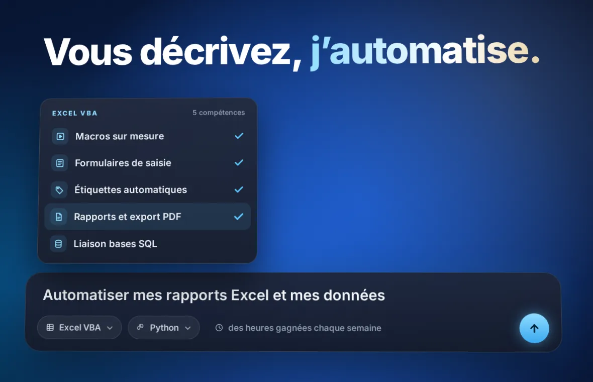 Interface fictive « Vous décrivez, j'automatise » : demande d'automatisation Excel avec les options macros VBA, formulaires, étiquettes, rapports PDF et liaison SQL