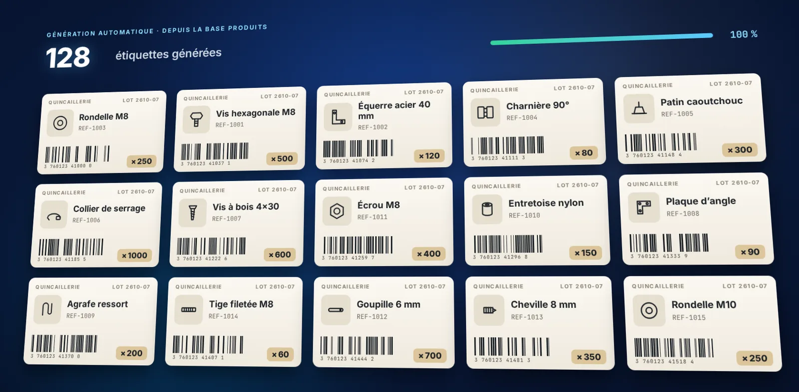 Planche de 128 étiquettes produits avec codes-barres générées automatiquement par une macro Excel VBA (données fictives)